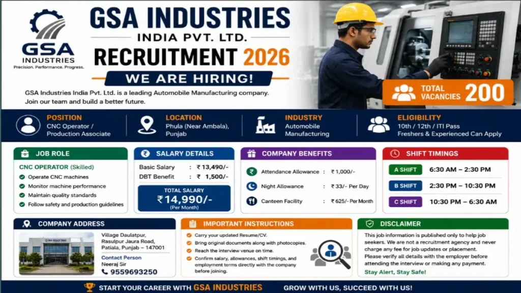 GSA Industries Recruitment 2026 | CNC Operator & Production Associate Jobs